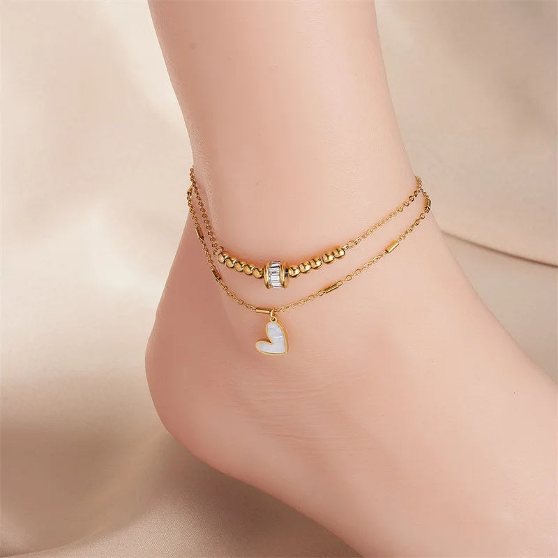 Boho Classic Love Heart Ankle Chain – Double Layer Charm Tassel Anklet Bracelet for Women