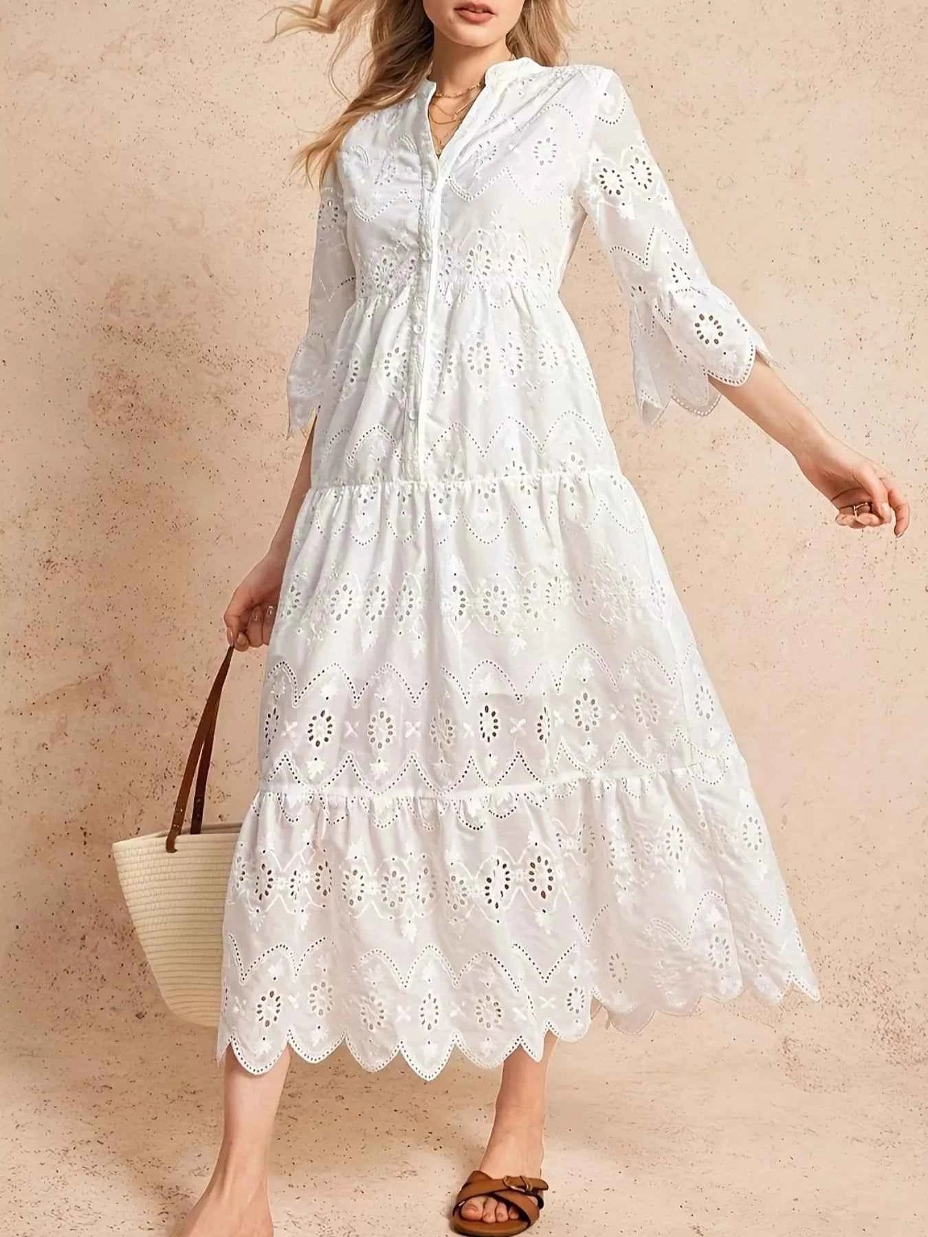Eyelet Notched Tiered Midi Dress
