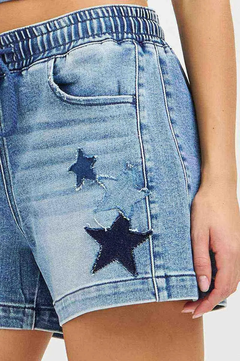 RISEN Elastic Band Slouchy Denim Shorts with Star Patched Details