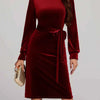 Round Neck Tie Waist Long Sleeve Velvet Dress