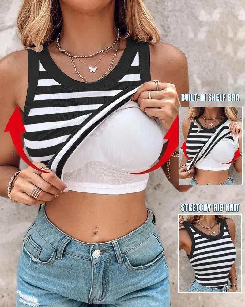 Slim Striped Sleeveless Vest with Bralette - Fashion Round Neck Tank Top for Women
