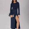 Split Round Neck Long Sleeve Midi Dress