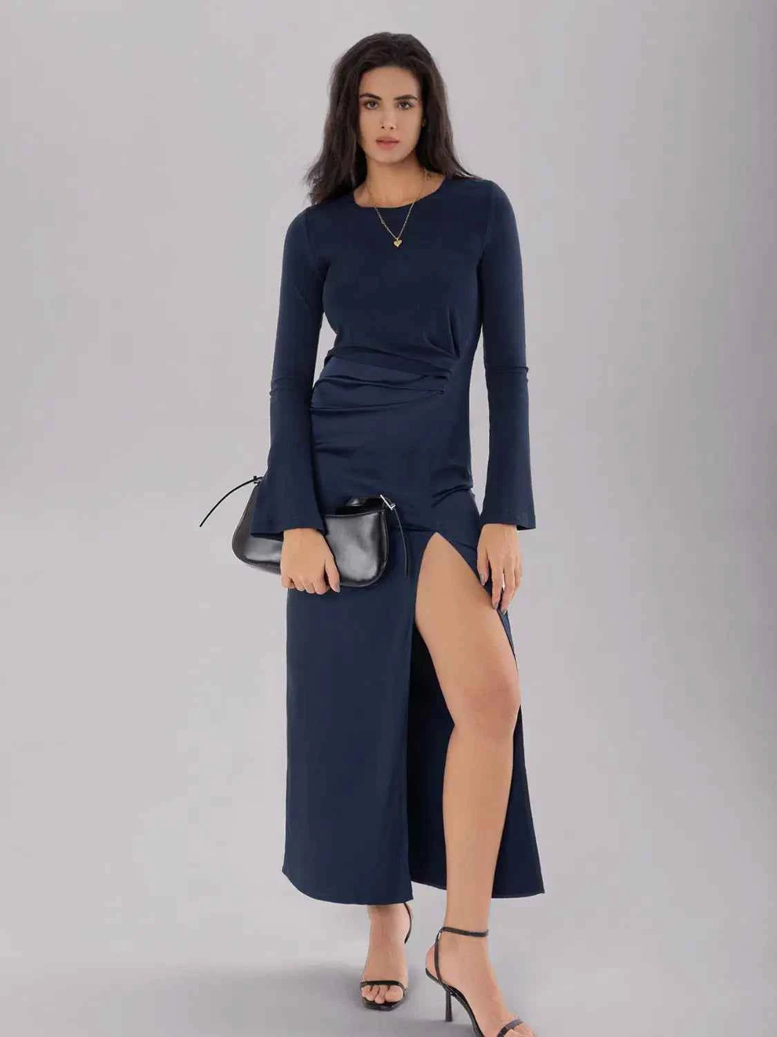 Split Round Neck Long Sleeve Midi Dress
