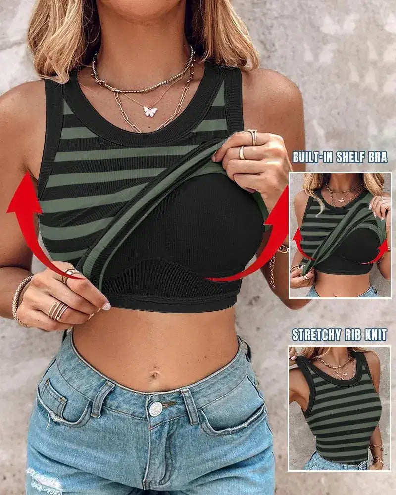 Slim Striped Sleeveless Vest with Bralette - Fashion Round Neck Tank Top for Women