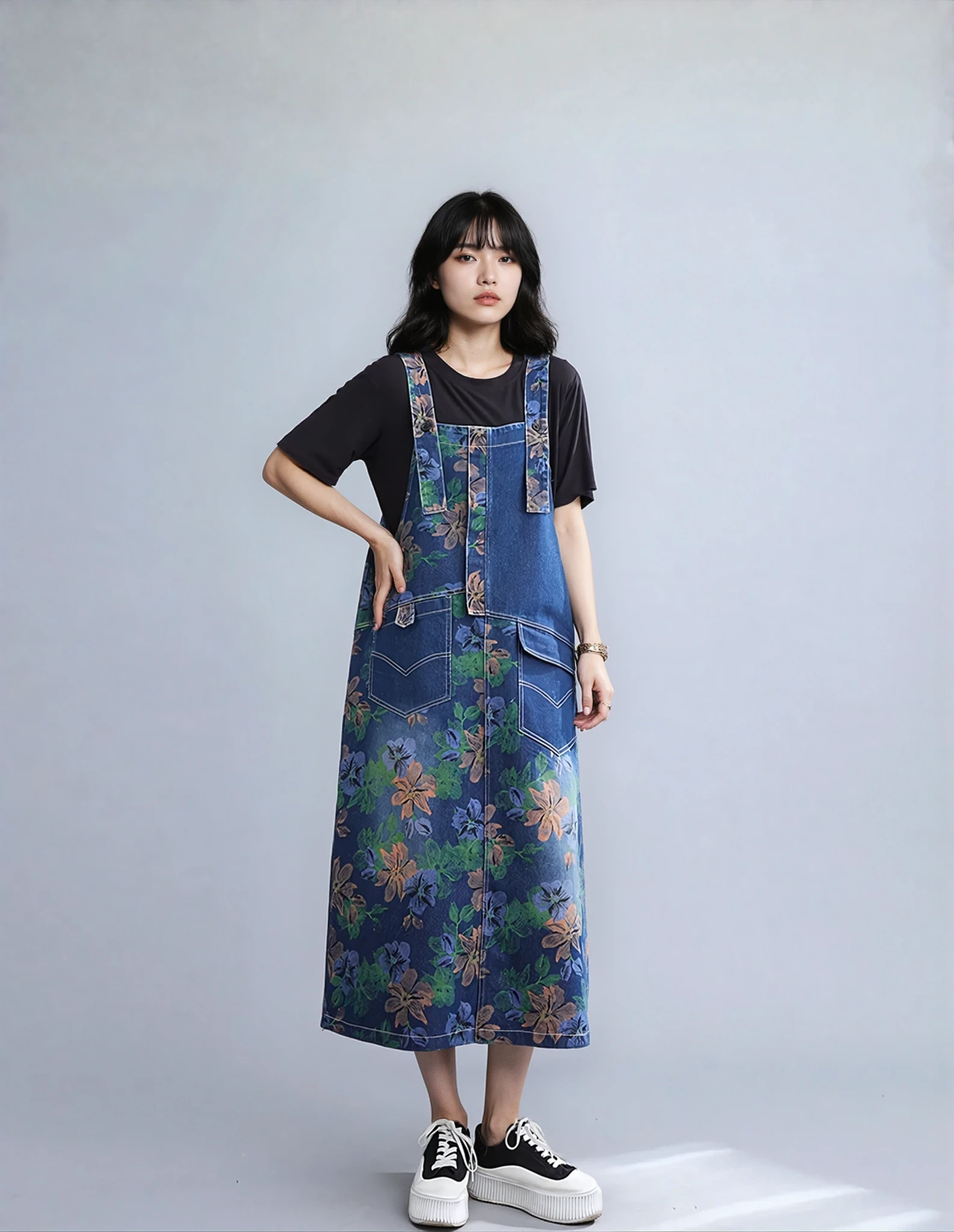 Summer Breeze Printed Denim Strap Dress