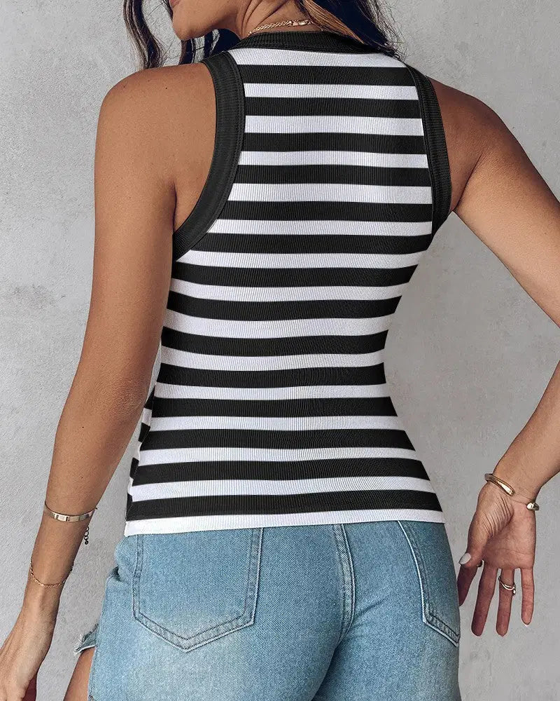 Slim Striped Sleeveless Vest with Bralette - Fashion Round Neck Tank Top for Women