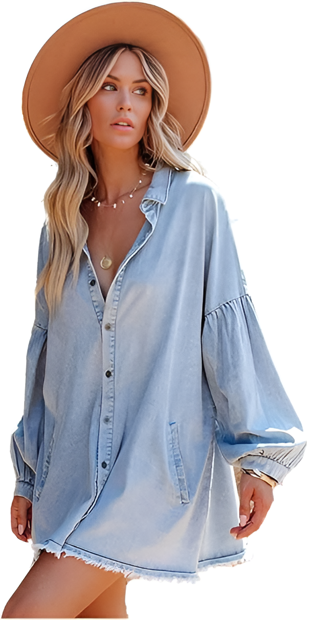 Vintage-Inspired Loose Denim Dress with Lantern Sleeves