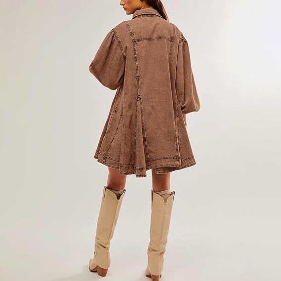 Button Me Up Lantern Sleeve Denim Dress
