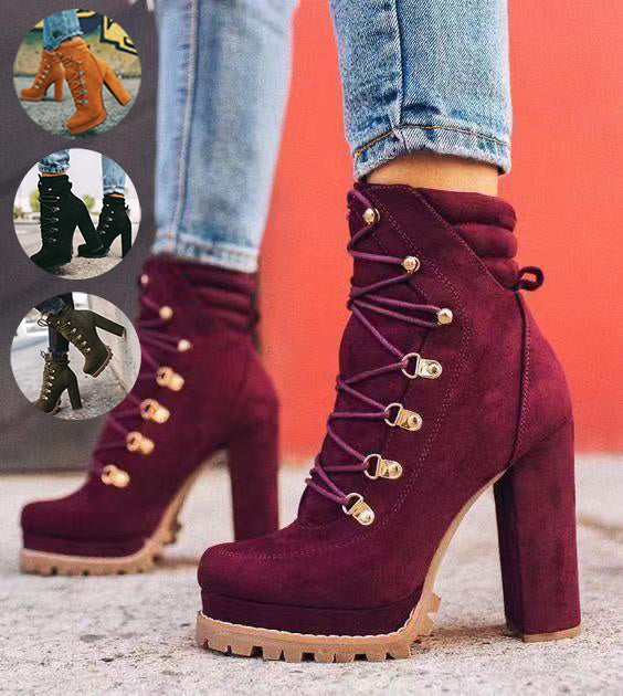 Women's Lace-Up Mid-Calf Heeled Boots – Stylish Round Toe High Heel Boots