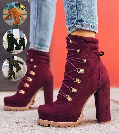 Women's Lace-Up Mid-Calf Heeled Boots – Stylish Round Toe High Heel Boots