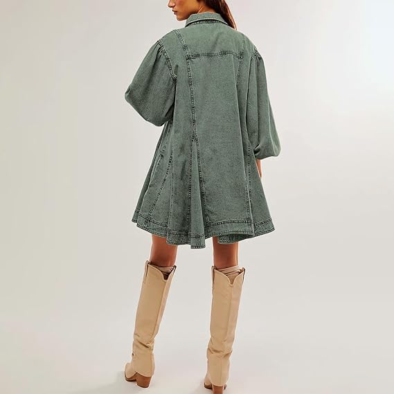 Button Me Up Lantern Sleeve Denim Dress