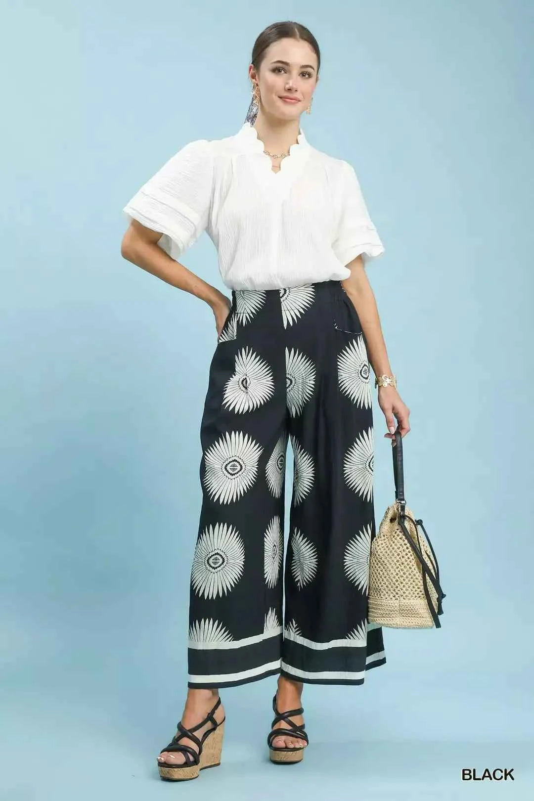 Umgee Abstract Border Print Wide Leg Pants