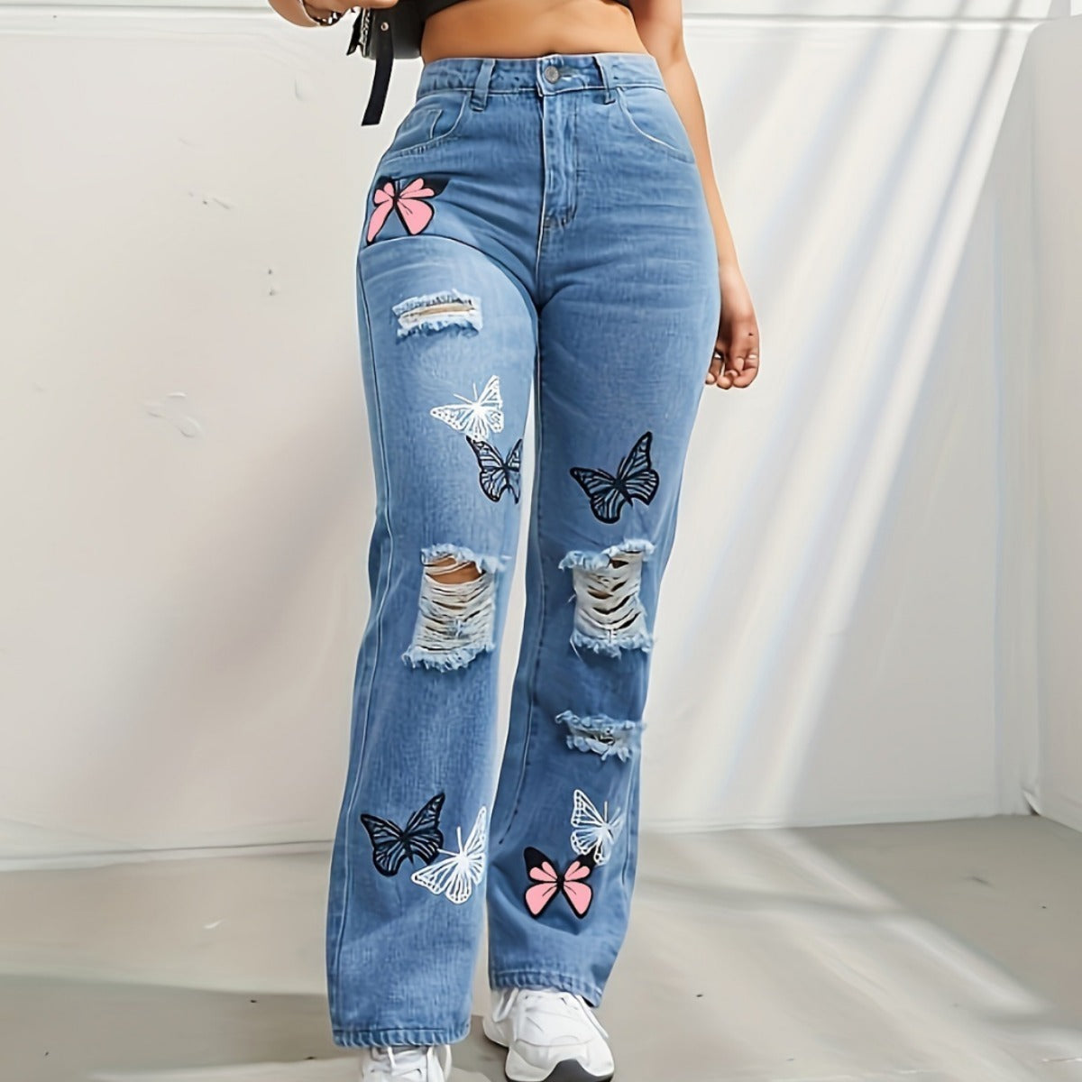 Pantalon en jean imprimé papillon Feel The Wind