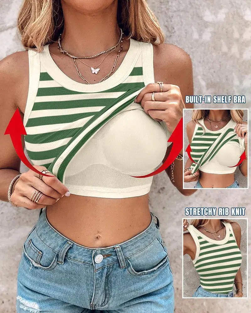 Slim Striped Sleeveless Vest with Bralette - Fashion Round Neck Tank Top for Women