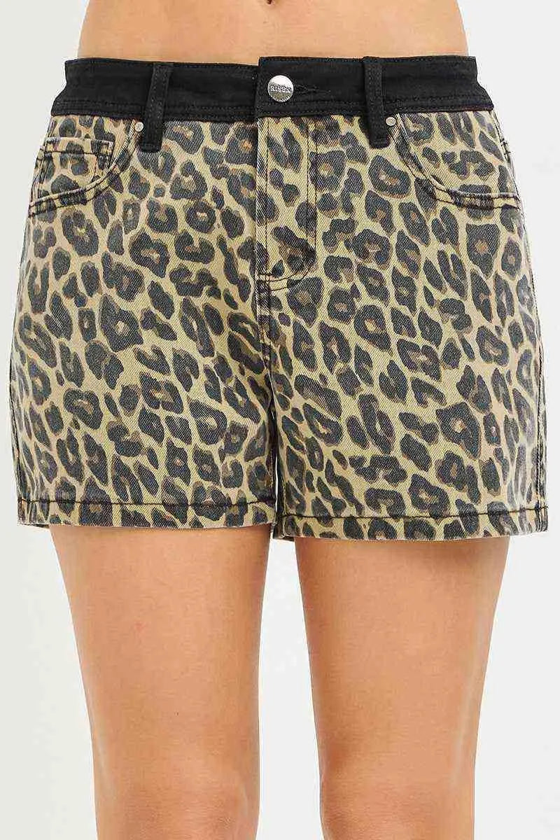 RISEN High Rise Leopard Shorts with Contrast Waistband