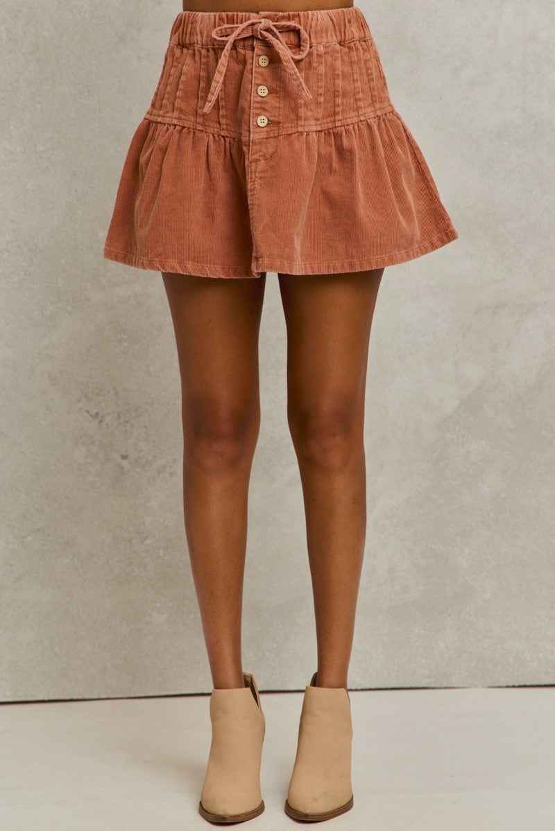 SO ME Mineral Wash Pintucked Corduroy Mini Flared Skirt