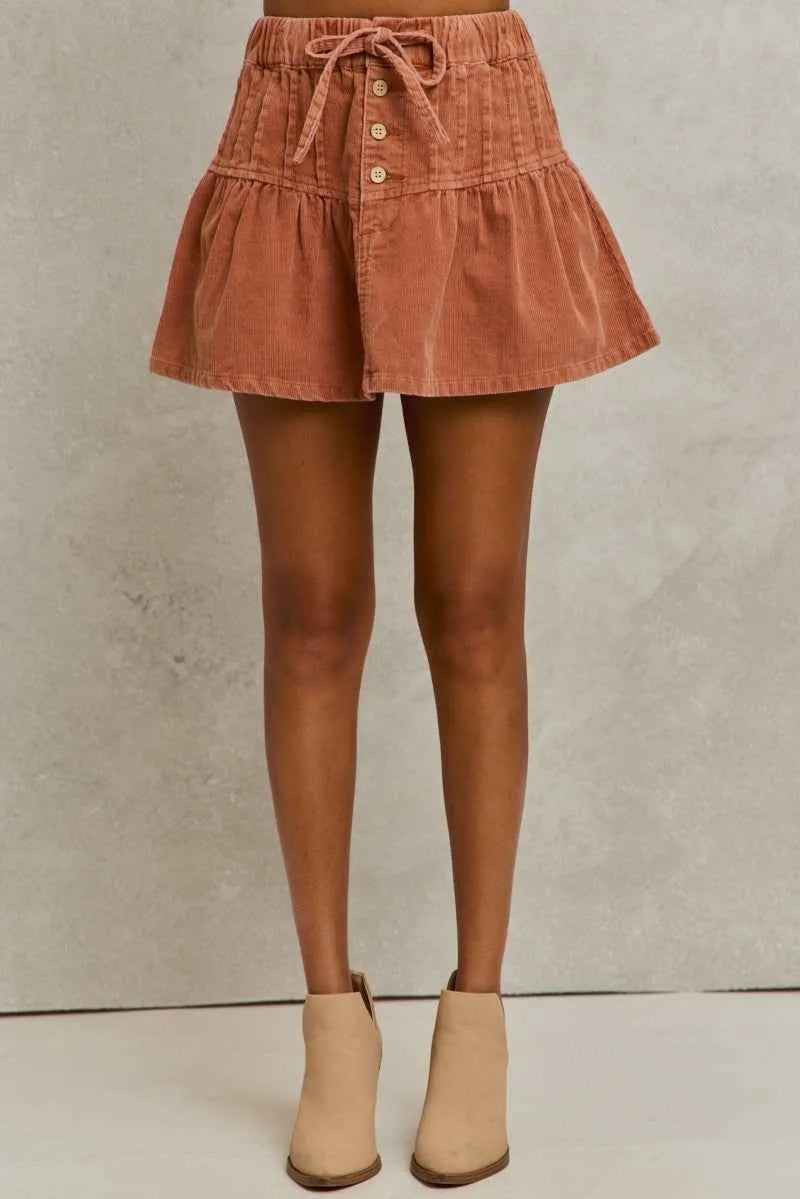 SO ME Mineral Wash Pintucked Corduroy Mini Flared Skirt