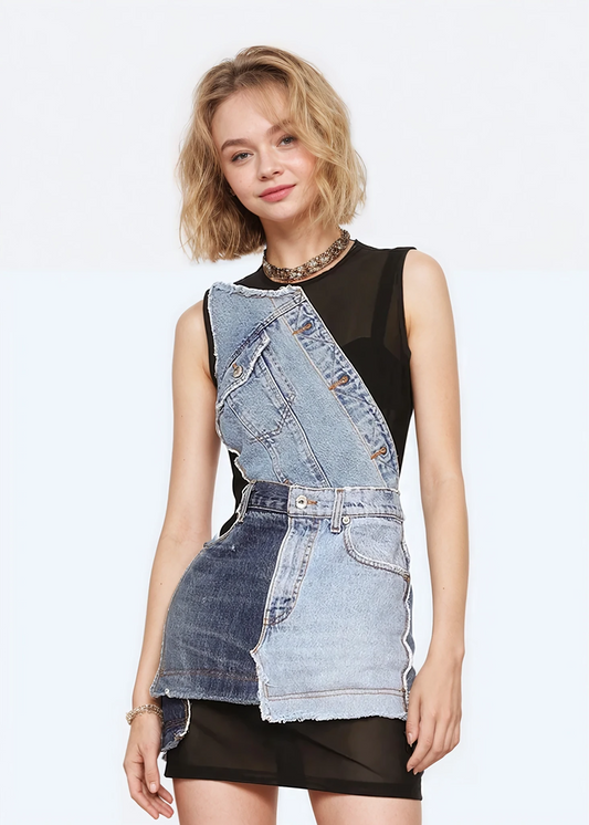 Aurelia Fusion – Denim & Mesh Streetwear Mini Dress