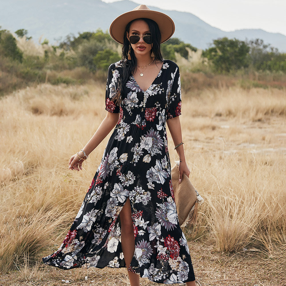 Floral V-Neck Summer Beach Dress – Lightweight & Stylish Women’s Fashion