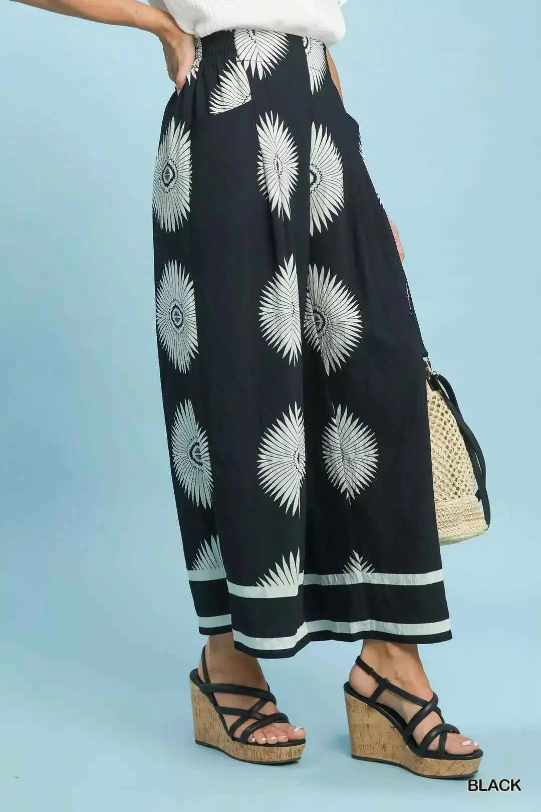 Umgee Abstract Border Print Wide Leg Pants