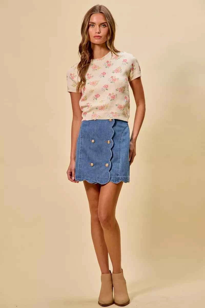 SO ME Denim Scalloped Buttoned Front Skirt