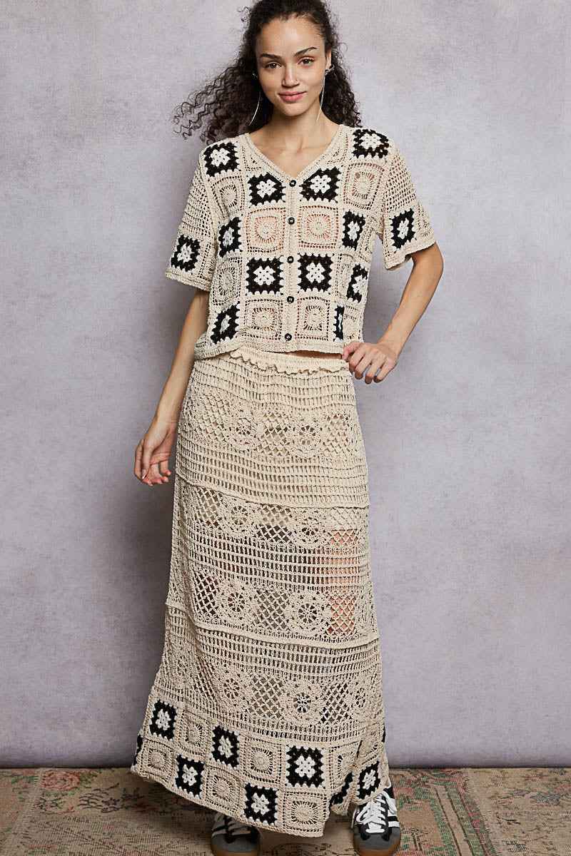 POL Floral Crochet Ruffled Waistband Maxi Skirt with Granny Square Weave