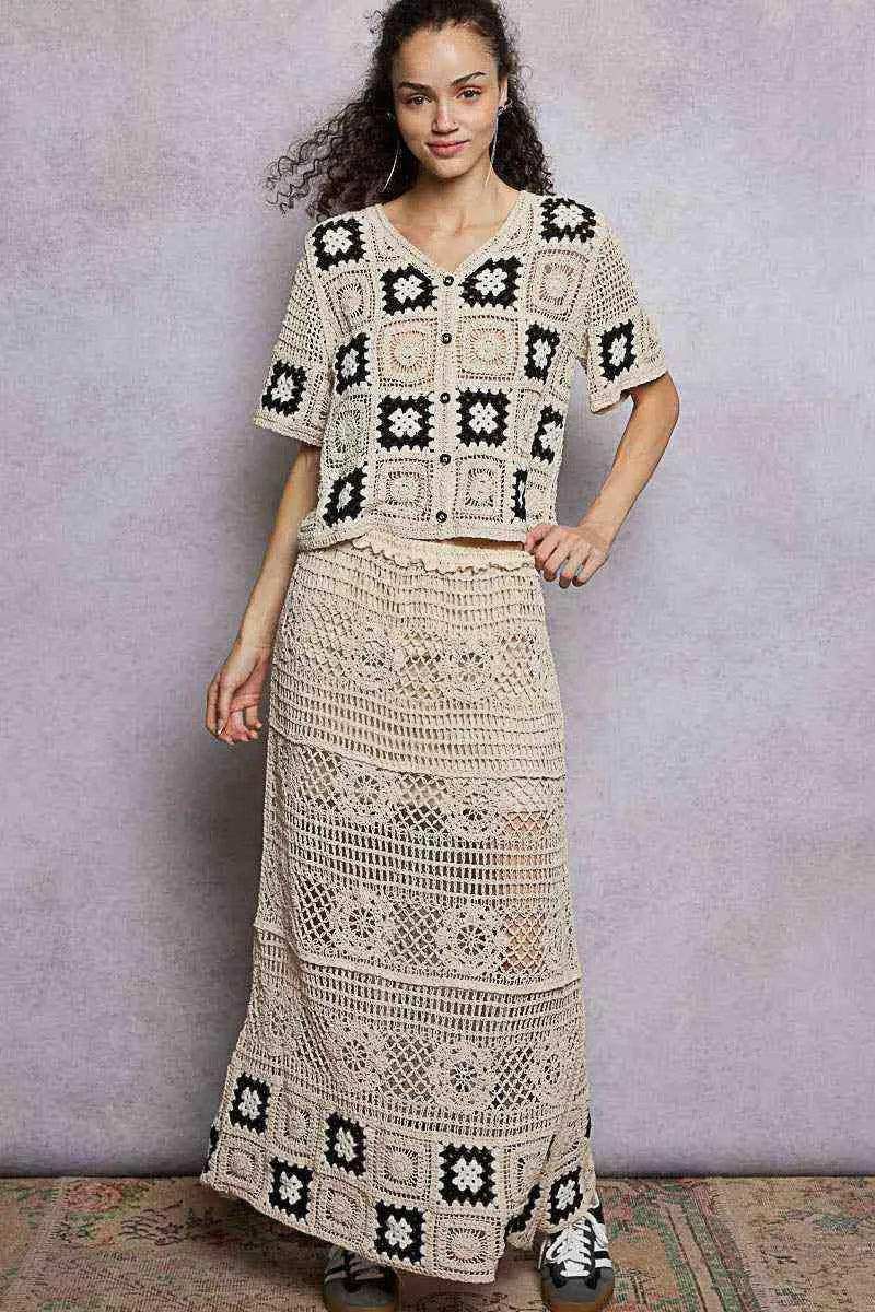 POL Floral Crochet Ruffled Waistband Maxi Skirt with Granny Square Weave