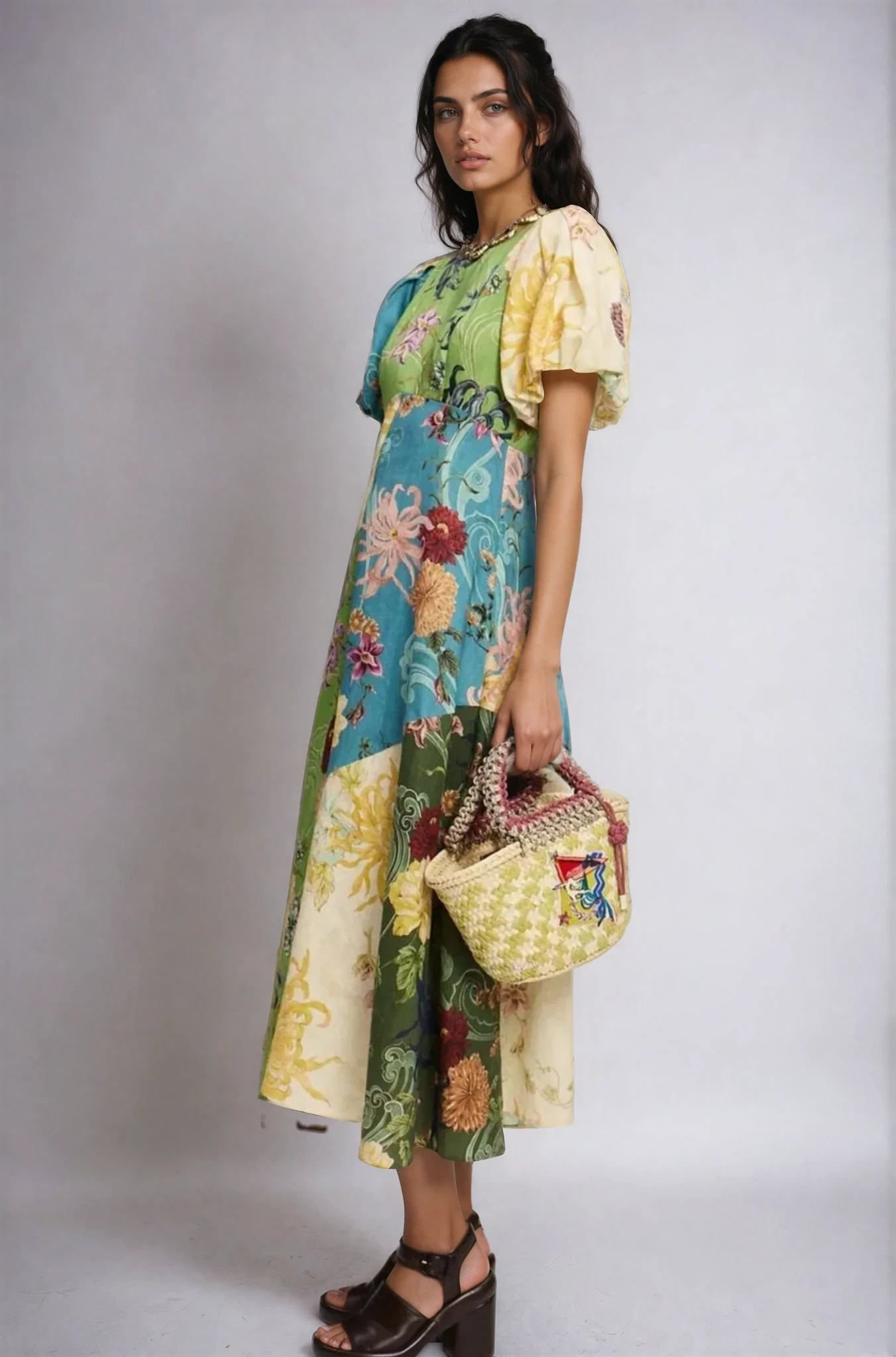 Helia Daydream Patchwork Puff Sleeve Dress