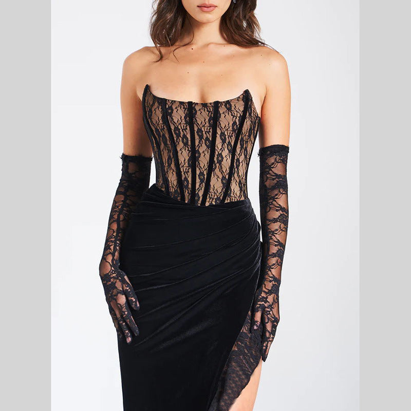 Robe en velours et dentelle After Hours – Noir