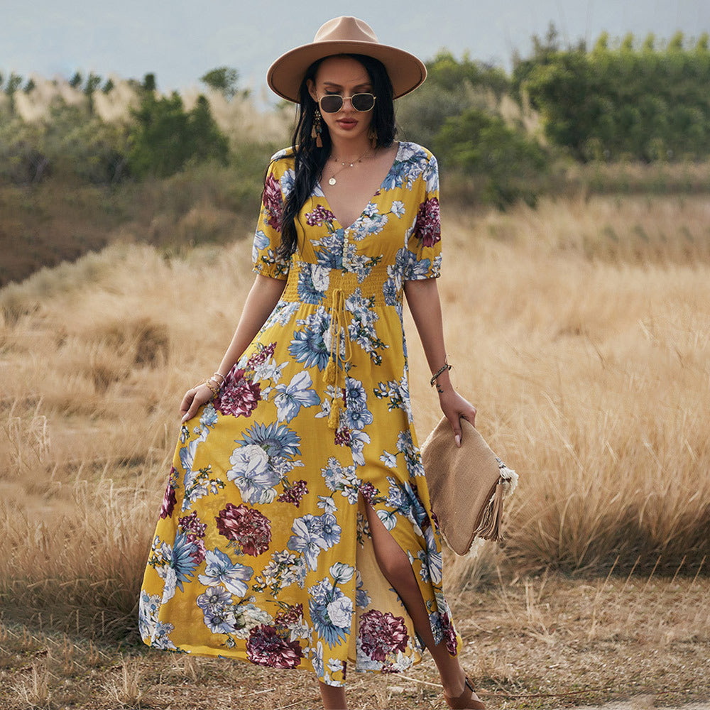 Floral V-Neck Summer Beach Dress – Lightweight & Stylish Women’s Fashion