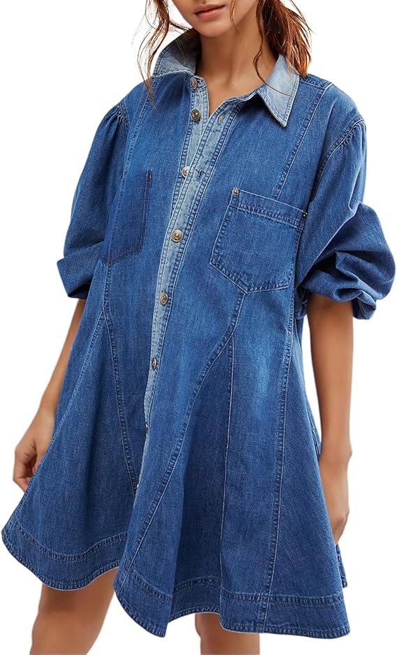 Button Me Up Lantern Sleeve Denim Dress