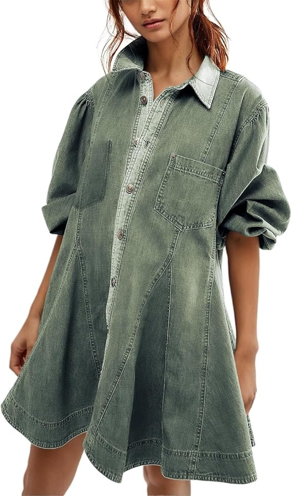 Button Me Up Lantern Sleeve Denim Dress