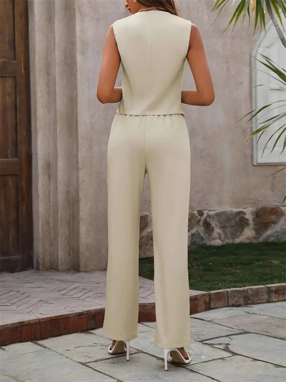 Button Down V-Neck Vest and Pants Set