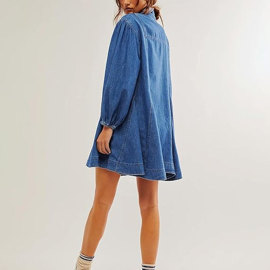Button Me Up Lantern Sleeve Denim Dress