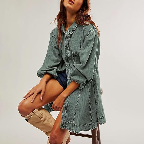 Button Me Up Lantern Sleeve Denim Dress