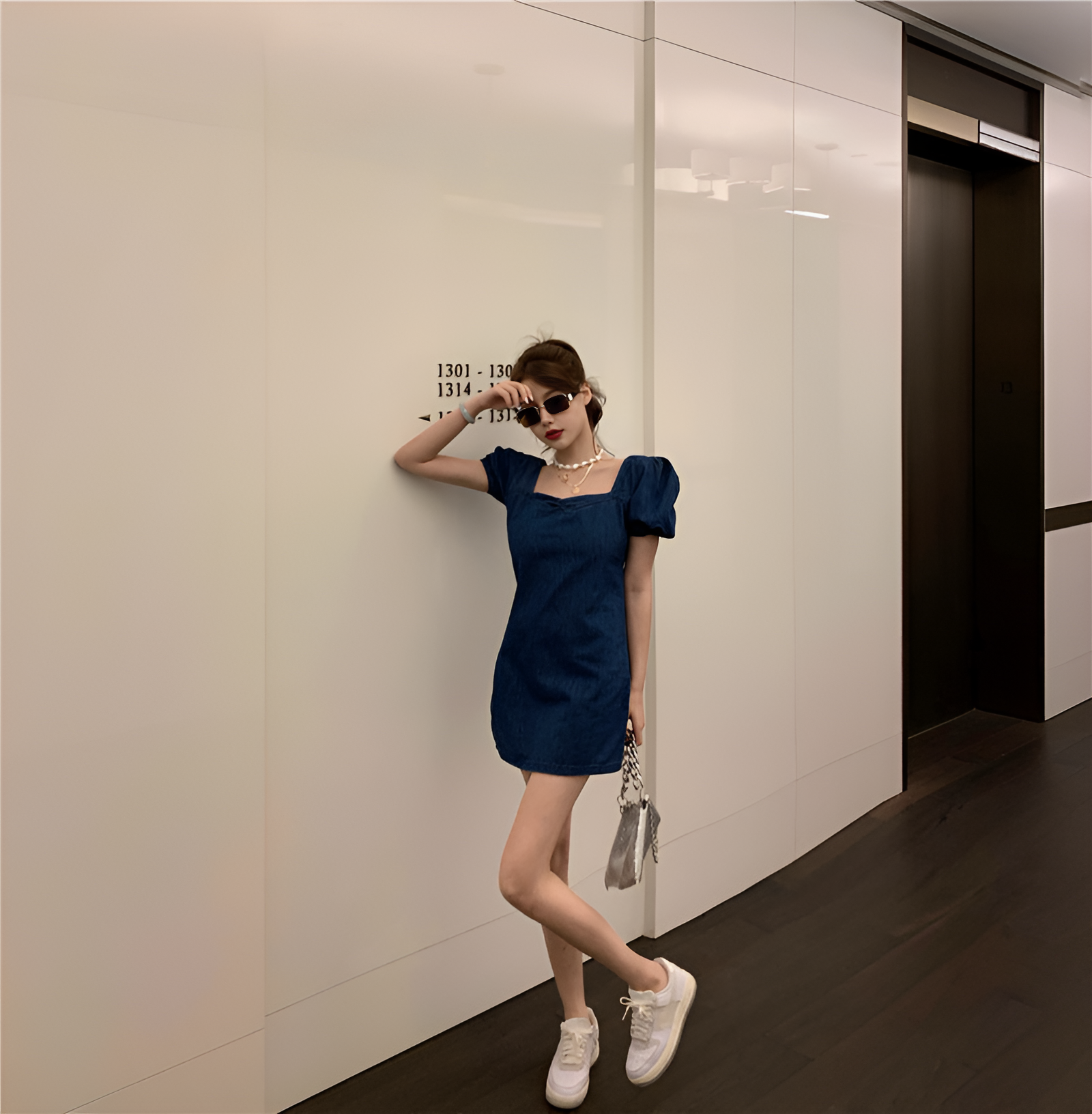 Revery Denim Charm Puff Sleeve Mini Dress