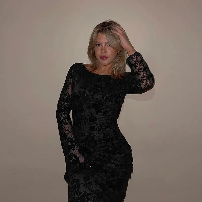 Flocked Midnight Temptation Lace-Up Dress