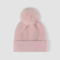 Thermostrickmütze mit Bommel und Schleife