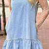 Bow Detail Spaghetti Straps Ruffle Hem Denim Dress