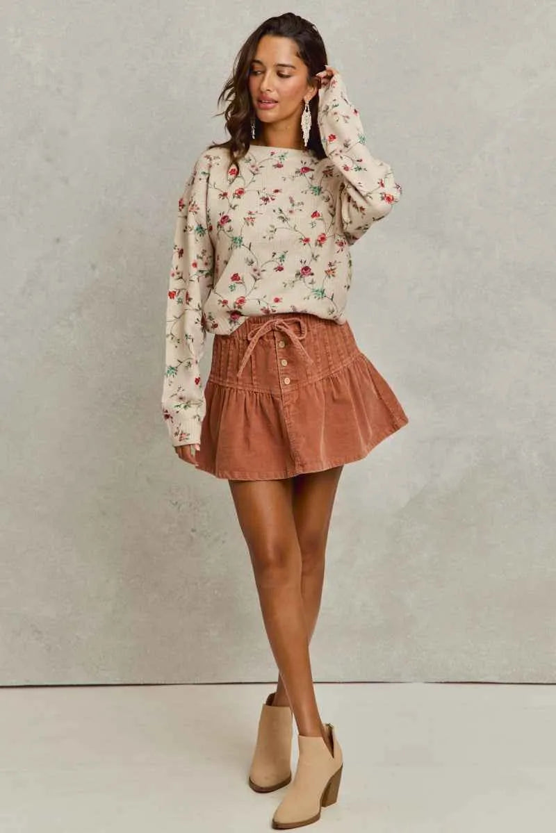 SO ME Mineral Wash Pintucked Corduroy Mini Flared Skirt