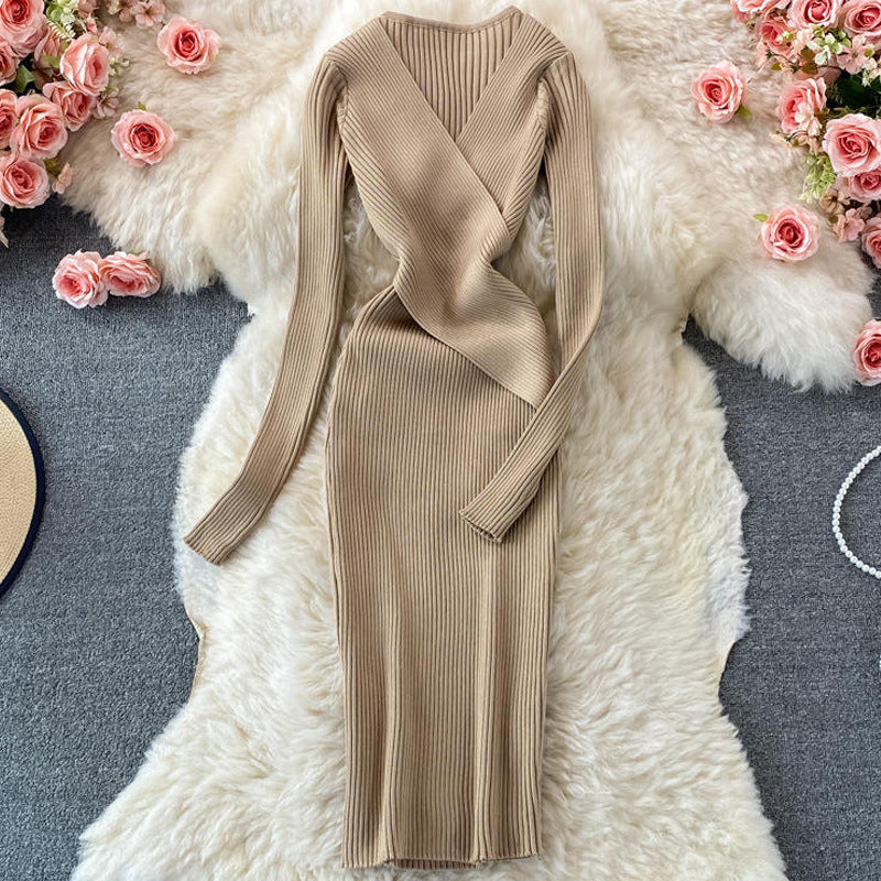 Robe trapèze rétro en tricot à col en V profond