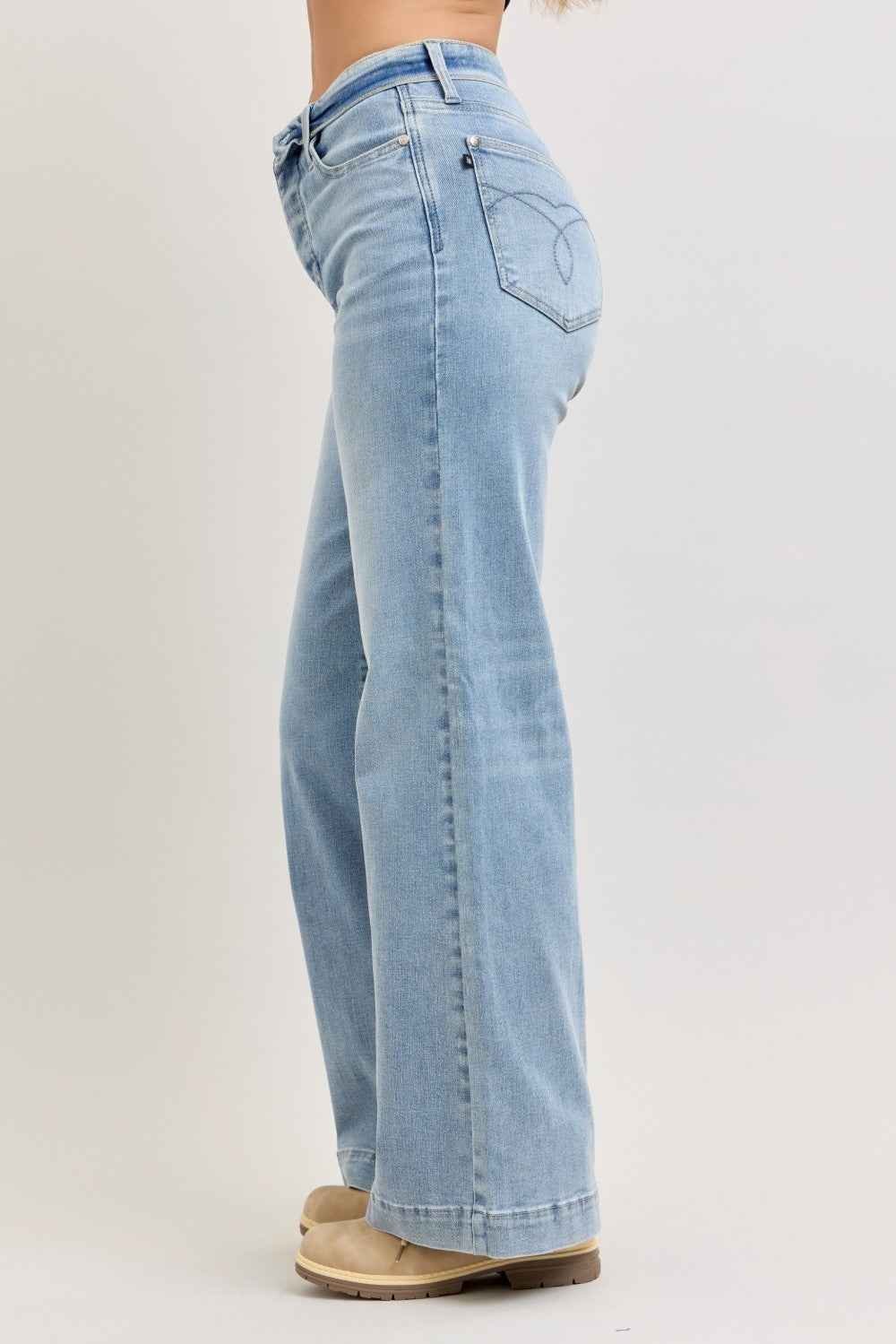 Judy Blue Mid Rise Retro Wide Leg Jeans with Fold-over Waistband
