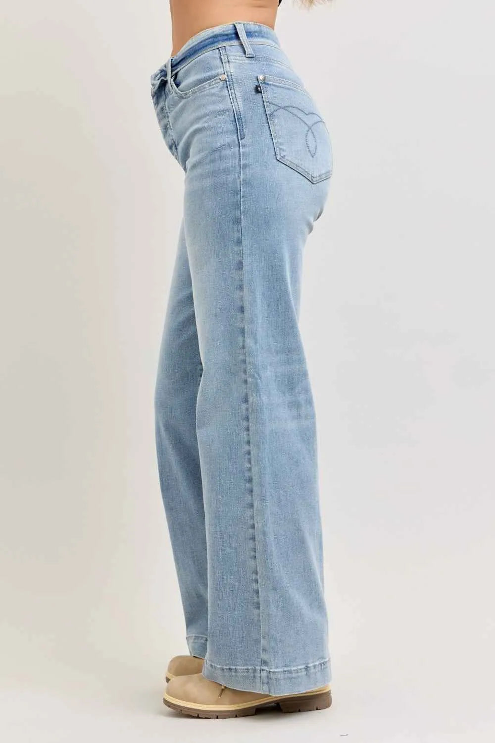Judy Blue Mid Rise Retro Wide Leg Jeans with Fold-over Waistband