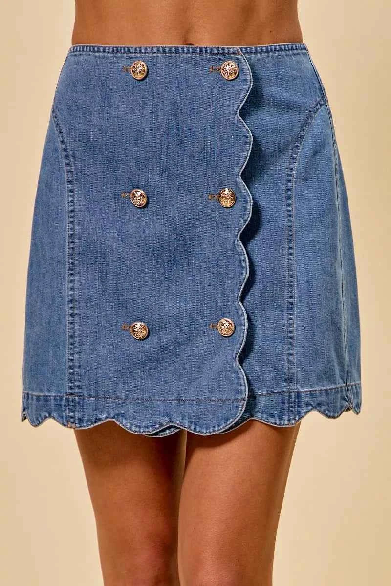 SO ME Denim Scalloped Buttoned Front Skirt