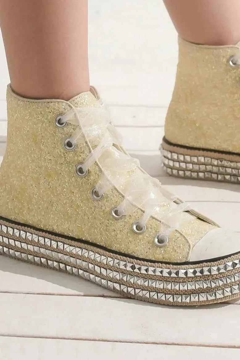Champagne Drip Glitter Lace-Up Studded Platform Sneakers