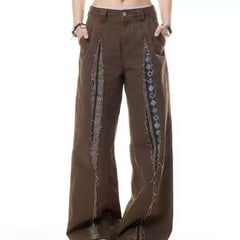 Brown Bohemian Wide-Leg Patchwork Trousers