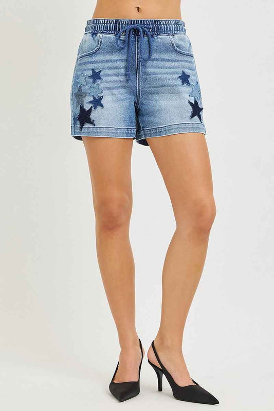 RISEN Elastic Band Slouchy Denim Shorts with Star Patched Details