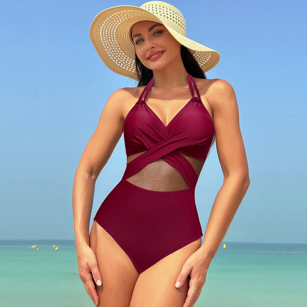 Halter-neck One-Piece Swimsuit – Summer Solid Color Cross-strap Mesh Bikini for Women