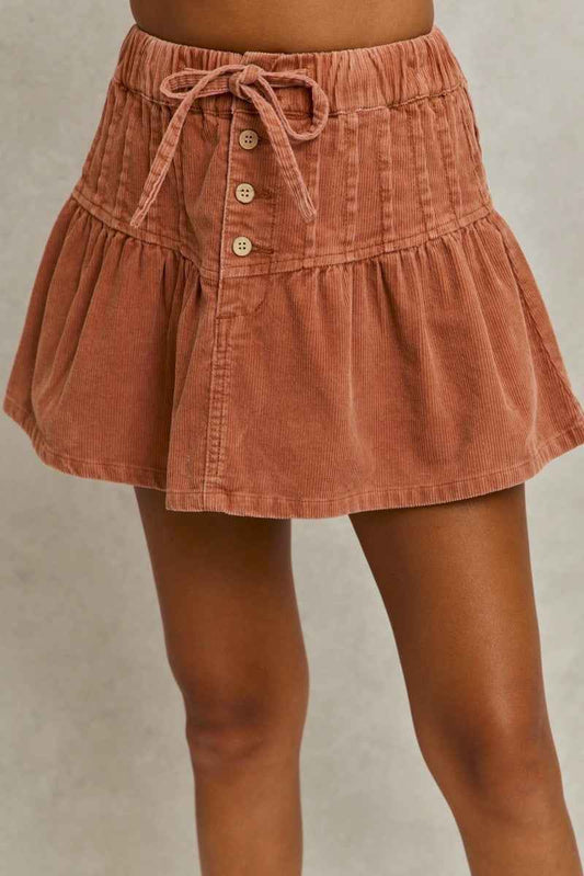 SO ME Mineral Wash Pintucked Corduroy Mini Flared Skirt