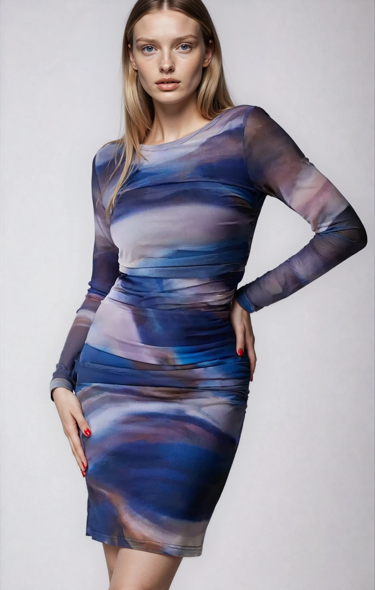 Blue Hour Revery Watercolor Mesh Midi Dress
